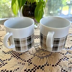 Vintage Harmony House Highlander Brown Plaid Coffee Cups set of 2